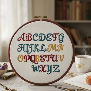 May include: A cross-stitch alphabet sampler in a wooden embroidery hoop. The letters are in various colors: burgundy, teal, and gold. The background is white fabric. The hoop is displayed on a wooden table with tea and embroidery supplies.