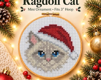 Borduurpatroon van een Ragdoll-kat, kerstkat met kerstmuts mini-ornament (PDF), geschikt voor een borduurring van 7,5 cm, klein en eenvoudig borduurpatroon van een kat met blauwe ogen