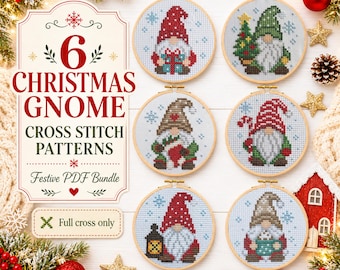 Christmas Gnome Cross Stitch Bundle, 6 Mini Holiday Patterns PDF, Cute Christmas Cross Stitch, Full Cross Only