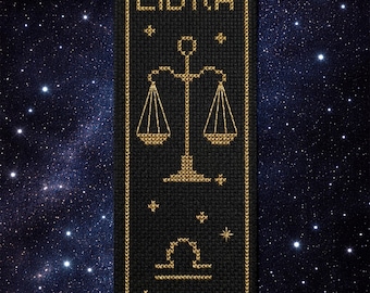 Zodiac Libra Cross Stitch Bookmark Pattern – Modern Black & Gold, Printable PDF