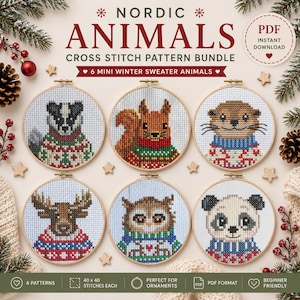 Nordiska djur korsstygnsmönsterpaket, 6 PDF-mönster för vintertröjor, grävling, ekorre, utter, älg, uggla, panda, 7,5 cm ring