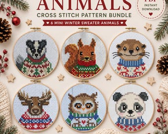 Nordic Animals Cross Stitch Pattern Bundle, 6 Winter Sweater Animal PDF Patterns, Badger Squirrel Otter Moose Owl Panda, 3 Inch Hoop