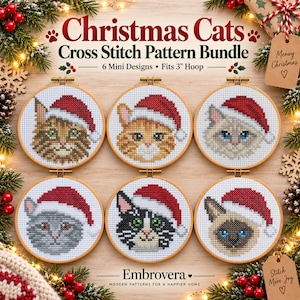 May include: A Christmas Cats cross stitch pattern bundle featuring 6 mini designs that fit a 3 inch hoop. The image displays six circular wooden embroidery hoops, each containing a cross-stitched cat wearing a red and white Santa hat.