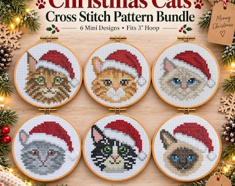 Christmas Cat Cross Stitch Pattern Bundle, 6 Mini Cat Patterns, Santa Hat Cats, 3 Inch Hoop Ornament PDF, Cute Cat Cross Stitch