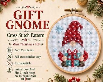 Christmas Gift Gnome Cross Stitch Pattern PDF, Mini Holiday Ornament, Beginner 3 Inch Hoop Pattern