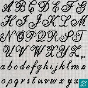 May include: Black embroidered alphabet letters and numbers on a white fabric background. The uppercase letters are displayed above the lowercase letters. The font is a cursive style.