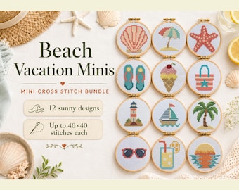Beach Vacation Mini Cross Stitch Patterns Bundle (12 Designs), Beginner Friendly Summer PDF