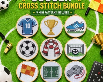 Soccer Cross Stitch Pattern Bundle, 9 Mini Football Designs (PDF Pattern)