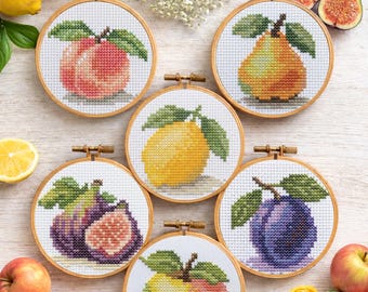 Mini Fruit Cross Stitch Pattern Bundle, Botanical Set, 6 PDF Designs (3 Inch Hoop)