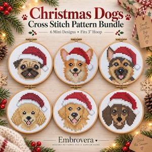 May include: A Christmas Dogs cross stitch pattern bundle featuring 6 mini designs in 3-inch hoops. Each hoop displays a different dog breed wearing a red and white Santa hat. The text reads Christmas Dogs Cross Stitch Pattern Bundle.