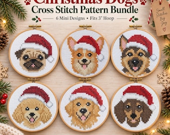 Christmas Dogs Cross Stitch Pattern Bundle, 6 Mini Dog Ornament PDF Patterns, Santa Hat Puppy Cross Stitch, 3 Inch Hoop