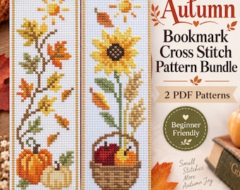 Autumn Cross Stitch Bookmark Pattern Set of 2, Fall Sunflower & Pumpkin, Easy Beginner PDF