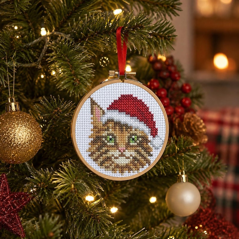 Tabby Pattern Circular Brown Tabby Cat Cross Stitch Pattern, Christmas Cat Ornament PDF, Santa ...