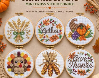 Thanksgiving Cross Stitch Patterns Bundle, 6 Mini Fall PDF Patterns, Turkey, Cornucopia, Grateful & Give Thanks, 3 Inch Hoop