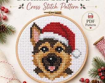 German Shepherd Christmas Cross Stitch Pattern PDF, Dog in Santa Hat, Cute Holiday Embroidery, Mini Beginner Pattern