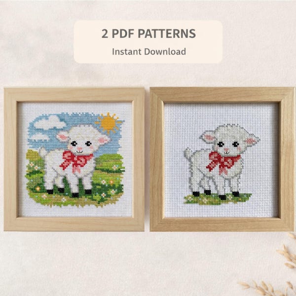 Spring Lamb Cross Stitch Pattern Set, 2 PDF Patterns, Easter Lamb Duo, Instant Download