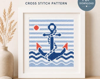 Nautical Anchor Cross Stitch Pattern, Ocean Waves Embroidery Chart (PDF Download)