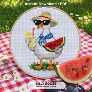 Silly Goose-kruissteekpatroon, watermeloen zomervogel (pdf-download)