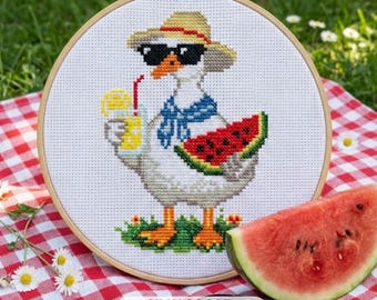 Silly Goose Cross Stitch Pattern, Watermelon Summer Bird (PDF Download)