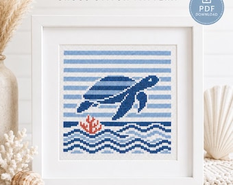 Sea Turtle Cross Stitch Pattern, Coastal Nautical Ocean Embroidery (PDF Download)