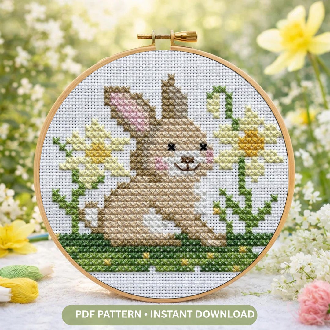 Spring Bunny Cross Stitch Pattern, Daffodil Floral Animal (PDF Pattern ...