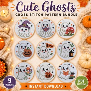 May include: A cross stitch pattern bundle titled Cute Ghosts featuring nine circular embroidery hoops. Each hoop displays a white ghost with pink cheeks and various accessories including a purple hat, pumpkin, mushroom, lantern, and book.