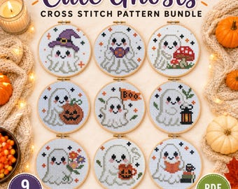 Kawaii Ghost Cross Stitch Pattern Bundle, 9 Halloween Mini Designs (PDF Download)