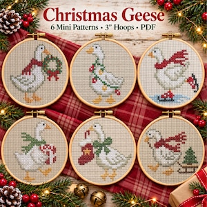 May include: Six circular wooden embroidery hoops containing cross-stitch patterns of white geese with orange beaks and feet, each wearing festive accessories like scarves, wreaths, and lights. Text reads: Christmas Geese 6 Mini Patterns 3" Hoops PDF.