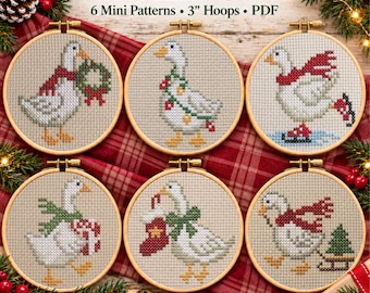 Christmas Goose Cross Stitch Pattern Bundle, 6 Mini Geese, Christmas Ornament Patterns, PDF Download