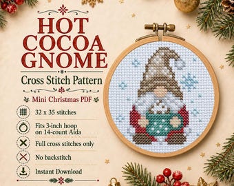 Hot Cocoa Gnome Cross Stitch Pattern PDF, Mini Christmas Ornament, Beginner 3 Inch Hoop Pattern
