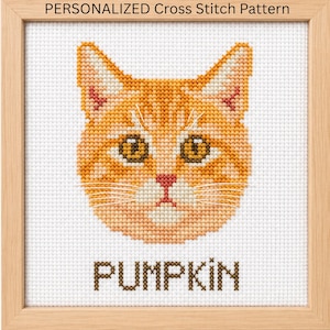 Könnte beinhalten: Kreuzstichmuster eines orangefarbenen getigerten Katzenkopfes, in Holz gerahmt. Die Katze hat gelbe Augen und eine rosa Nase. Das Wort "PUMPKIN" ist unter dem Gesicht der Katze gestickt. Der Text "PERSONALIZED Cross Stitch Pattern" steht oben.