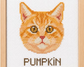 Custom Orange Tabby Cat Cross Stitch Pattern, Personalized Ginger Pet Embroidery Chart (PDF Download)