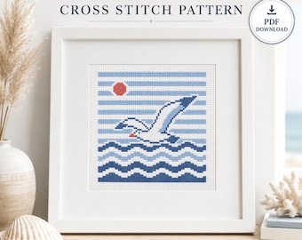 Seagull Cross Stitch Pattern, Coastal Nautical Bird Embroidery (PDF Download)