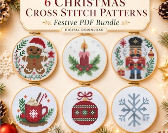 Christmas Cross Stitch Pattern Bundle, 6 Mini Holiday PDF Patterns, Nutcracker Gingerbread Candle Ornament Snowflake Cup