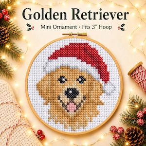 May include: A cross-stitch pattern of a Golden Retriever wearing a red and white Santa hat, displayed in a circular wooden embroidery hoop. The text above reads Golden Retriever Mini Ornament Fits 3" Hoop, surrounded by festive holiday decor.