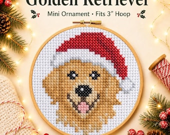 Golden Retriever Christmas Cross Stitch Pattern PDF, Dog in Santa Hat, Beginner Friendly Holiday Embroidery, Instant Download
