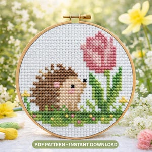 Frühling Igel Kreuzstichmuster, Mini Tier mit Blumenmuster (PDF Download)