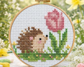 Spring Hedgehog Cross Stitch Pattern, Mini Floral Animal (PDF Download)