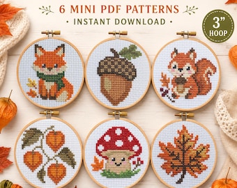 Autumn Cross Stitch Bundle, 6 Mini Fall Patterns, Woodland Cross Stitch PDF, Fox Squirrel Mushroom Acorn, Instant Download