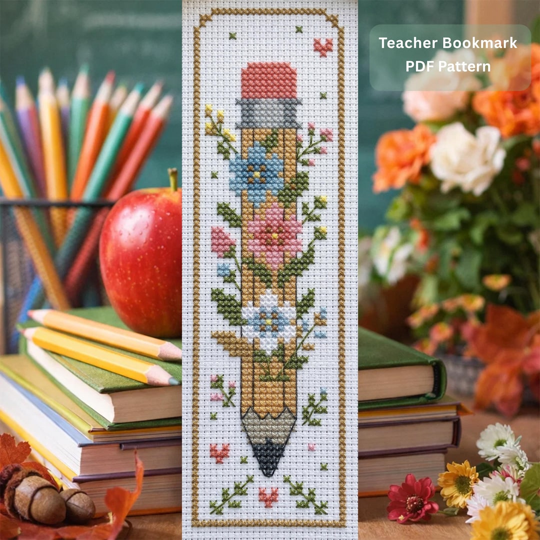 Floral Pencil Bookmark Cross Stitch Pattern (PDF), Teacher Appreciation ...