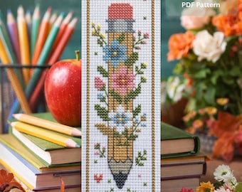 Floral Pencil Bookmark Cross Stitch Pattern (PDF), Teacher Appreciation Embroidery Design