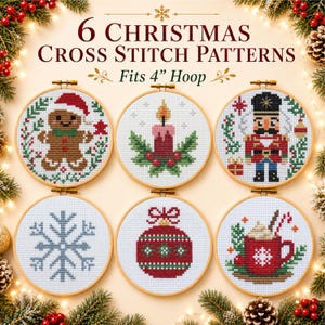 Op de afbeelding: Zes ronde houten borduurringen met kerstkruissteekpatronen waaronder een peperkoekmannetje, kaars, notenkraker, sneeuwvlok, rode kerstbal en een mok cacao, met de tekst 6 CHRISTMAS CROSS STITCH PATTERNS Fits 4" Hoop.