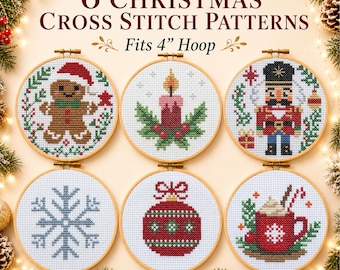 Christmas Cross Stitch Pattern Bundle, 6 Mini Holiday PDF Patterns, Nutcracker Gingerbread Candle Ornament Snowflake Cup