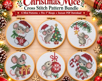 Christmas Mice Cross Stitch Pattern Bundle, 6 Mini Christmas Mouse Patterns, 3 Inch Hoop PDF, Cute Holiday Cross Stitch