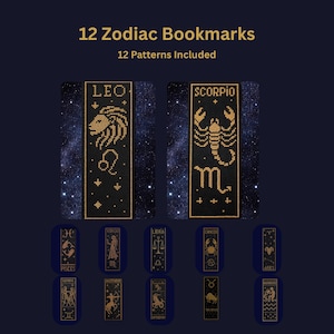 Può includere: Un set di 12 segnalibri zodiacali. Ogni segnalibro presenta uno sfondo nero con un simbolo e un nome dello zodiaco dorati. Il testo "12 Zodiac Bookmarks" e "12 Patterns Included" è visualizzato in alto.