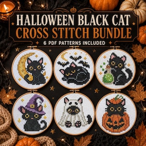 Halloween Black Cat Cross Stitch Patterns Bundle, 6 Spooky Mini Hoop Designs (Digital Download)