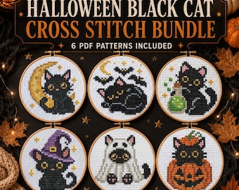 Halloween Black Cat Cross Stitch Patterns Bundle, 6 Spooky Mini Hoop Designs (Digital Download)