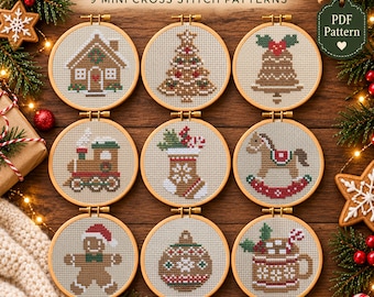 Gingerbread Christmas Cross Stitch Pattern Bundle, 9 Mini Xmas Ornament Charts, Gingerbread Man House Train, Beginner PDF