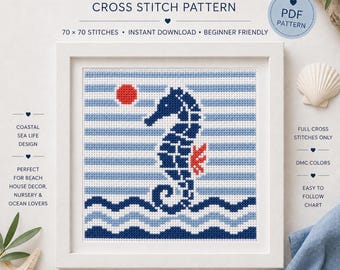 Seahorse Cross Stitch Pattern PDF, Nautical Coastal Embroidery Chart, Ocean Animal Sea Life Design, Beach House Decor
