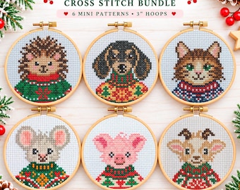 Kersttrui dieren kruissteekpakket, 6 schattige mini-patronen: egel, teckel, kat, muis, geit, varken, 3 inch borduurring PDF
